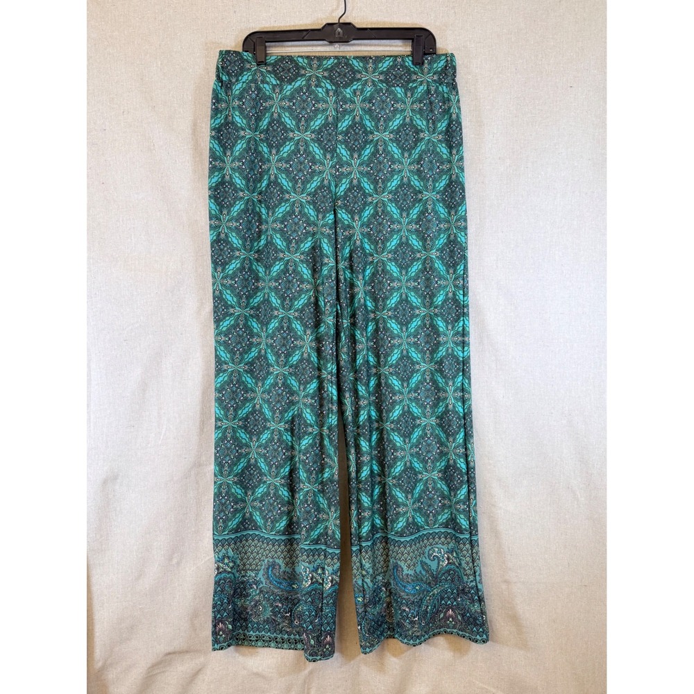 Notations Teal Medallion Print Wide Leg Pants Womens Large Boho Stretch Knit